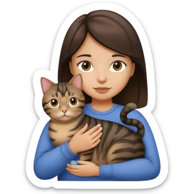 Brunette girl with light tan skin holding a fat black tabby cat sticker