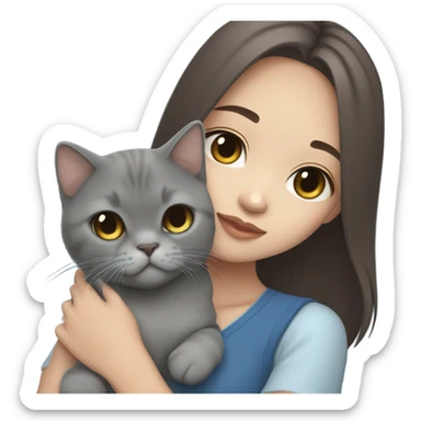 A cute aesthetic asian girl with brown hair with bicolour blue british shorthair cat sticker