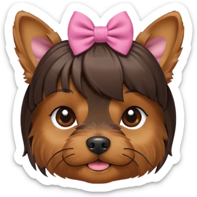 a little dar brown Yorkshire Terrier face with a ponytail on head tied with a bow. sticker