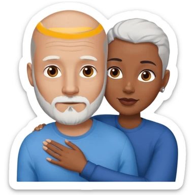 Talk bald white man with a white beard and blue eyes lovingly holding a black woman with brown eyes and grey hair sticker