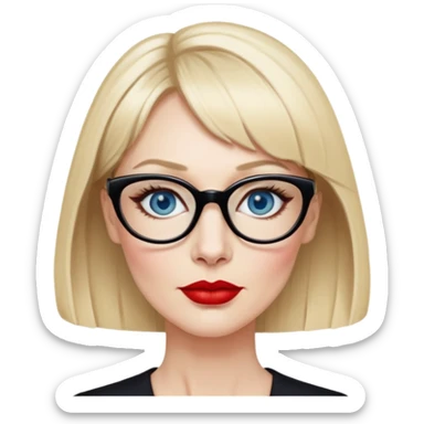 Woman in her early 50s with pale skin, wider face, blue eyes with eyeliner, thin eyebrows, red lipstick, blonde hair up with bangs, wearing a black glasses  sticker