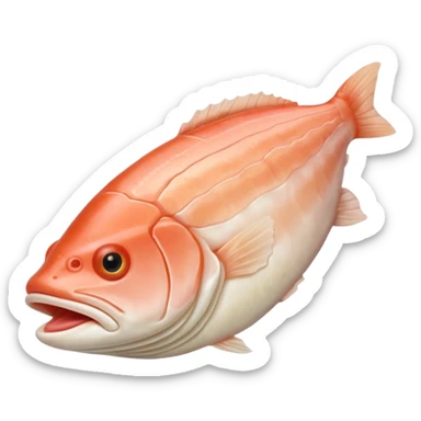 raw cod fillet, thick, boneless, slightly curved, pale ivory, pinkish translucent tones, smooth flaky texture, gentle muscle grain, soft contours, no skin, no plate, no garnish, no faces, clean 3D, soft shadows, transparent background, emoji scale sticker