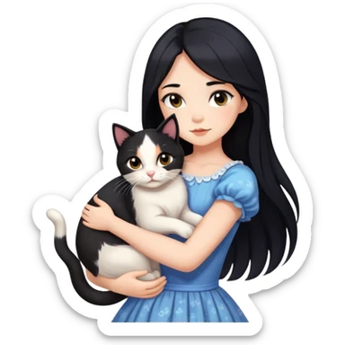A beautiful girl with long black hair wearing a dress hugs a calico sticker
