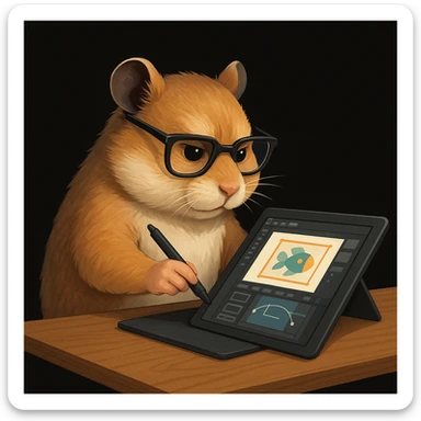 a mature, modern, semi-realistic hamster wearing cool glasses, creating a design or making animations, showing creative action, on a solid black background, not overlapping with other elements sticker