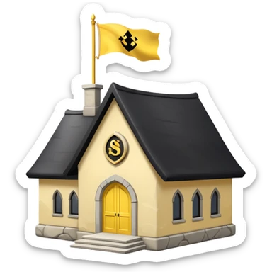 simple magic school, white background, magic school, black roof, with a big flag, big flag on a roof, big yellow flag, white school sticker