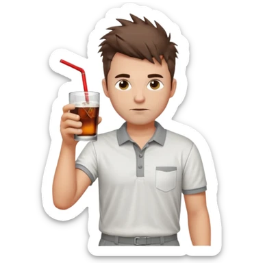 Handsome male.short messy brown hair.mowhawk hairstyle. wearing white golf shirt.grey shorts. Drinking brandy and coke . Drunk. Remove straw sticker