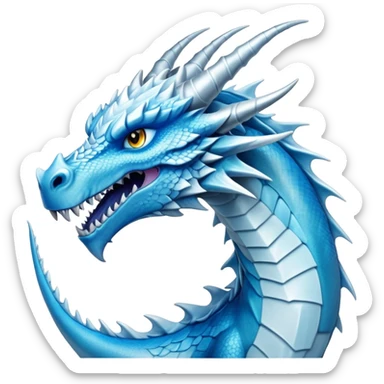Cinematic Noble Fierce Ice Dragon Portrait Emoji, Poised and imposing, distinct long elegant snout, with a slender, scaled body shimmering in glacial hues of icy blue, frostbitten silver, and crystalline white, breathing out frost, with piercing, glowing eyes that radiate the chilling depths of an arctic storm; rendered in detail. sticker