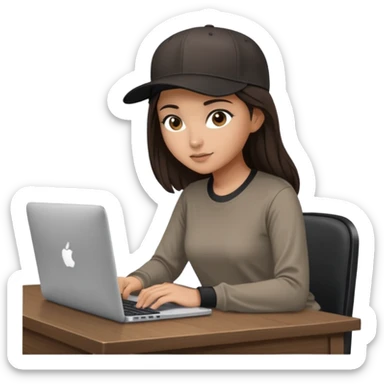A professional 3D avatar of a young woman with olive skin and long, dark brown hair, wearing a dark, long-sleeved classy taupe shirt and a black baseball cap. She's sitting at a sleek wooden desk, typing and looking at a silver MacBook.  sticker