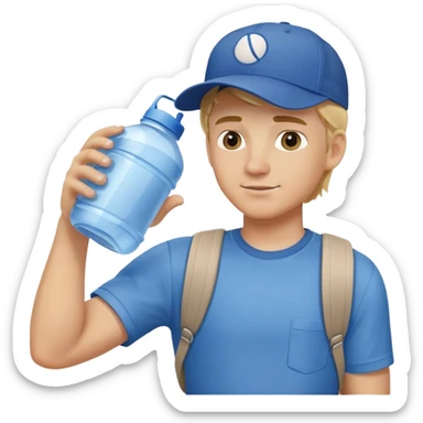 Blonde haired man wearing blue shirt and baseball cap delivering water jug which is placed on shoulder  sticker