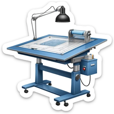 An icon featuring an engineering drafting table with a blueprint, a ready machine, and microchips, symbolizing engineering. The design includes gears, tools, and circuit boards, representing the design, creation, and innovation in technology. Transparent background highlights the science of building sticker