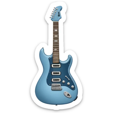 A gray-blue electric guitar with a black pick guard sticker