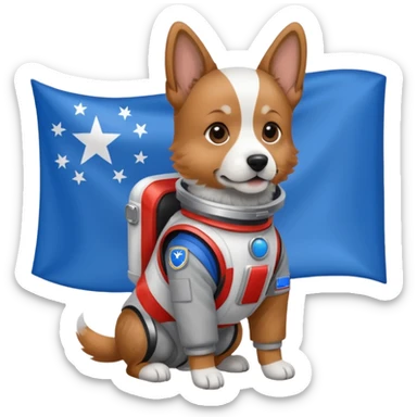 a dog in space suit, holding blue rectangle flag sticker