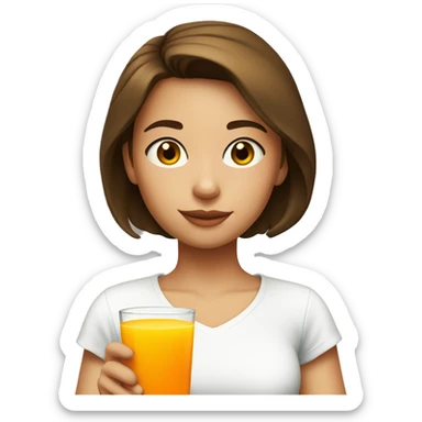 A girl with short brown hair wearing a white t-shirt, drinking orange juice and a glass sticker