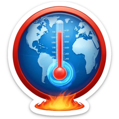 Blue Earth sphere, tilted. Prominent, oversized, fiery red thermometer/gauge, embedded. Indicator peaking 'danger' zone. Stylized orange/red heat waves/wisps rising from top half. Strong blue/red contrast sticker