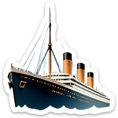 Icon for Titanic Movie: A vintage movie poster-style design featuring a dramatic scene of the ship, the iceberg, and a romantic silhouette of the main couple. Include elements like the ship’s bow, water splashes, and a starry sky in the background. Retro cinematic feel. Transparent background. sticker