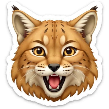 Cinematic-Cute-Yawning-Lynx-Portrait-Emoji – Head tilted slightly with a dramatic, wide-open yawn, revealing a dense golden-brown fur coat with subtle spots, signature black ear tufts standing tall, round amber eyes barely open in drowsy contentment. sticker