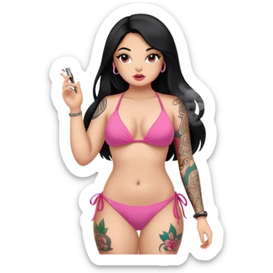 caucasian curvy body girl, with tattoos, in pink bikini, make smoke, with a long straight black hair  sticker