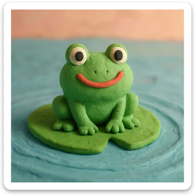 close-up of a smiling frog on a lily pad, gentle ripples in the pond, pastel background, claymation style sticker