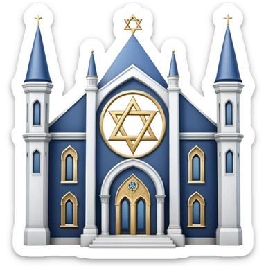 reform jewish synagogue similar in architecture to historical religious architecture in europe. the building should be white with silver/golden features, gothic architectural elements and star of david. no crosses. the emoji should be in ios emoji style. sticker