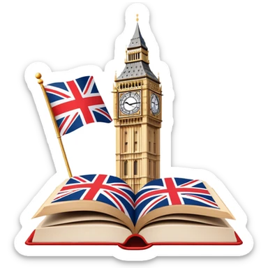 An icon featuring the Big Ben clock tower and the flag of the United Kingdom, symbolizing the English language. The design includes an open book with English words and phrases, representing language learning and cultural exploration. Transparent background  sticker