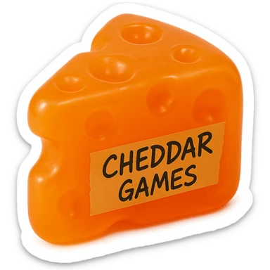 Transform the block of cheddar cheese into the exact shape of the reference image: a classic cartoon Swiss cheese wedge with rounded edges and holes. Change the color to a much more translucent, bright orange gummy bear-like hue. Maintain the hyper-realistic, retro, soft plastic 90's toy texture with soft reflections, a slightly squishy and cloudy appearance, and a subtle glow. Keep the tape with 'Cheddar Games' in sharp, messy handwriting on the side. No background. sticker