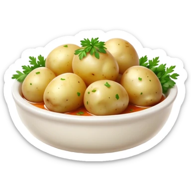Cinematic realistic emoji featuring a dish of boiled potatoes with fresh herbs and spicy dressing, made with realistic details and bright natural lighting sticker