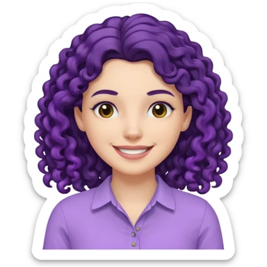 mujer blanca con cabello largo rizado negro sonriendo con camisa lila sticker