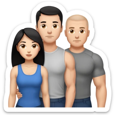 white dad with short buzzed fade brunette, 35 years old and muscular. standing net to asian whife with long black hair and big brown eyes.   sticker