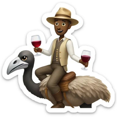 Peter riding an ostrich holding wine sticker