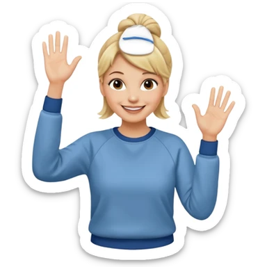 50 year old blonde woman with bun in casual clothes and sweat shirt waving sticker