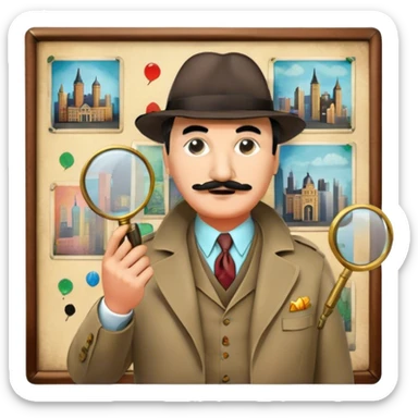 Icon for Detective Movies: A colorful collage featuring Detective Poirot, with a magnifying glass, revolver and a mysterious city backdrop. Include a board with photos of suspects, fingerprints, and a crime scene. Retro movie poster style. Transparent background. sticker