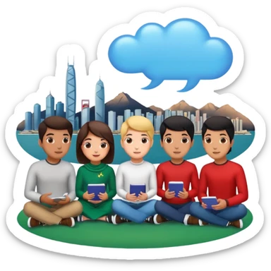 A group of young Pakistani people sitting around and sharing knowledge, with talking bubble of Hong kong scenary in it sticker