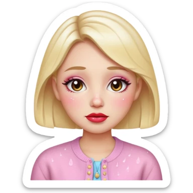 “Emoji girl, dewy skin, heavy blush across cheeks and nose bridge, glossy cherry lips, soft eyeliner, teary sparkling eyes, pastel cardigan.” sticker
