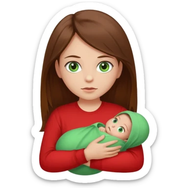 a girl with brown strait hair and has baby green eyes has a red t-shirt no baby sticker