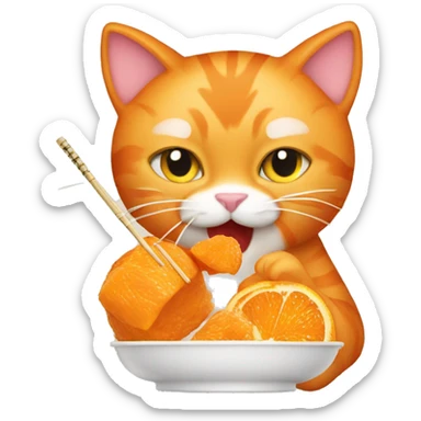 Orange cat eating orange chicken Chinese take out with chopsticks sticker