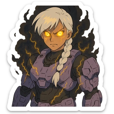 female, wearing reach spartan armor shoulder-unequip, long white braid hair with massive messy front side single bangs, gold yellow eyes, attention pose, D-cup size, HALO:series, no helmet, the armor is lavender color scheme, eyes glowing, demon eye, gleam, rage aura, body steaming dark gray, gold electricity, mouth clowed scowling sticker