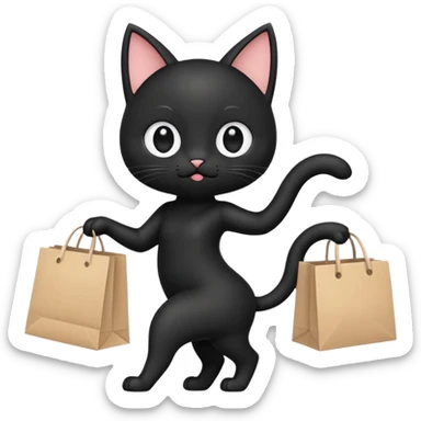 A cute chibi-style black cat emoji in side view like 🏃, running on two legs while holding a shopping bag. Short limbs, small body proportions (SD character style), round head, big expressive eyes, minimalist emoji design, soft colors, vector look. sticker