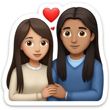 Una pareja donde el hombre es de piel mestiza con cabello castaño oscuro solo un poco largo y liso, y la mujer de piel clara, cabello castaño oscuro y largo, que estén abrazados con corazones blancos
 sticker