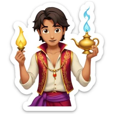 Cinematic Realistic Aladdin Portrait, depicted with lifelike, warm skin textures and a confident yet approachable gaze. His dark, wind-tousled hair frames expressive eyes full of adventure and kindness. Dressed in his iconic vest and loose trousers with intricate detailing, he holds a subtle glimmer of a magic lamp, all rendered under soft natural lighting with a radiant glow that captures his resourceful spirit. sticker