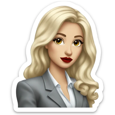 Russian Blonde long hair with big red lips small nose and black eyes Tiffany diamond seller in a grey suit sticker