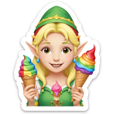 A cheerful elf girl with pointy ears holding a rainbow ice cream cone, smiling brightly.

 sticker