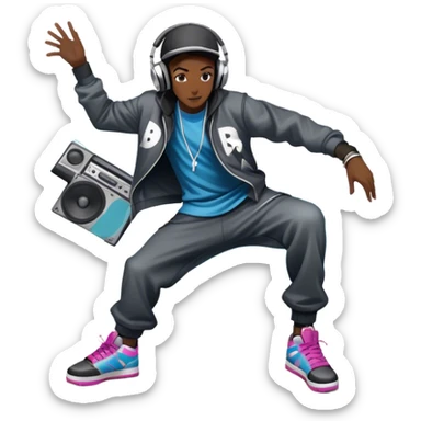 Icon for Street Dance: a dancer in urban streetwear performing a dynamic lower breakdance move, with a spray-painted background, headphones, and a boombox on the asphalt. The icon should capture the energy, style, and creativity of street dance culture. Transparent background. sticker