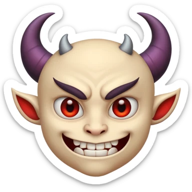 Demon cartoon emoji character, confident and edgy expression, sharp eyes, subtle smirk, small curved horns, clean stylized face, not cute, not scary, balanced dark and saturated colors, bold shapes, modern emoji-style illustration, high contrast, strong character presence sticker