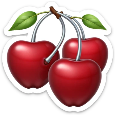 A pair of cherries emoji made of polished silver chrome, smooth rounded shapes, glossy metallic finish, soft highlights and reflections, cute proportions, iOS emoji style, centered, clean white background, no text sticker