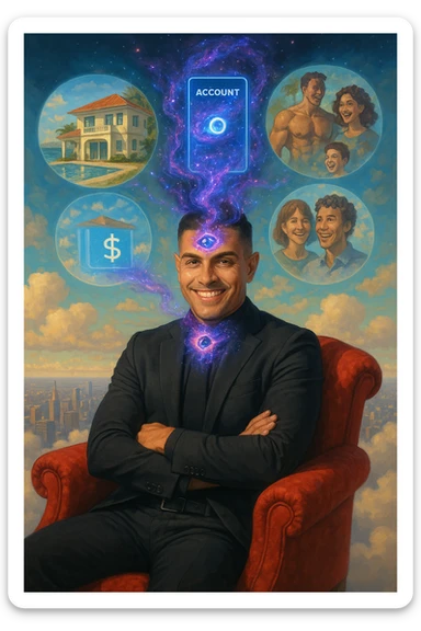 Un uomo sorridente e radioso, in abito elegante ma rilassato, seduto su una poltrona di velluto rosso fluttuante nel cielo sopra una città moderna. Dal suo terzo occhio (sulla fronte) si sprigiona un ologramma cosmico che mostra le sue visualizzazioni: una villa sul mare, un conto bancario con cifre infinite, un corpo atletico e persone felici intorno a lui sticker