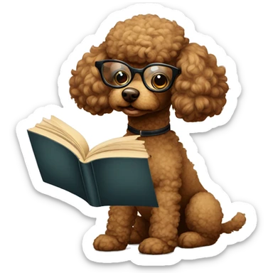 Brown poodle with wire rim glasses reading a book sticker
