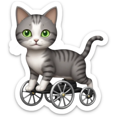 full body small short hair dark grey and white cat with green eyes walking in a wheelchair for cats sticker