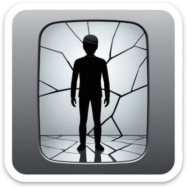 Minimalist emoji-style sticker of a person standing in front of a cracked mirror. The mirror shows a dark shadowy silhouette or distorted figure instead of a reflection. Flat black and white design with muted gray tones. No text. Bold, clean lines. Square composition. No shading or gradients. sticker