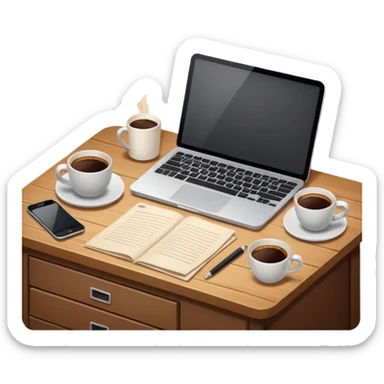 emoji of a cozy desk with a paper, a single coffee, and a laptop on it sticker
