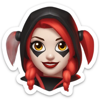 Harley Quinn with this style : Riot Games Valorant black red glowing bright red sparks character red black hooded hero themed character sticker
